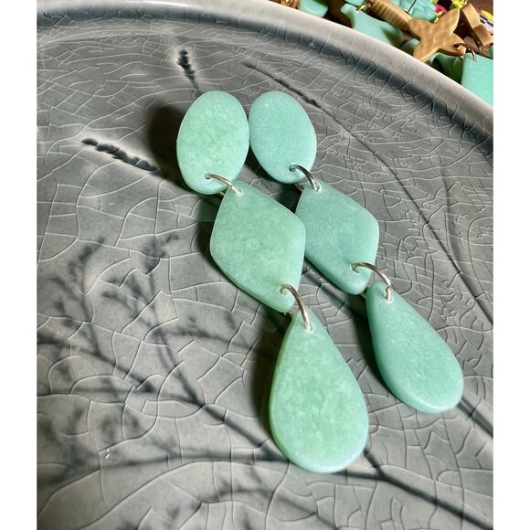 Handmade Polymer Clay Earrings Handcrafted Artwork Green Sea Glass Dangles - Picture 3 of 5